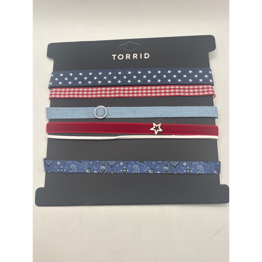 Torrid Americana Choker Necklace Set 6pc Stars Gingham Denim Red White Blue NEW